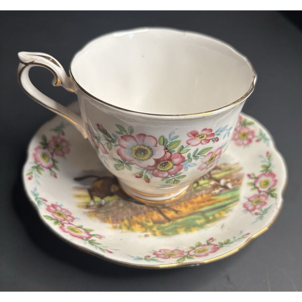 Royal Albert Bone China John Peel Tea Cup & Saucer Floral Equestrian Design